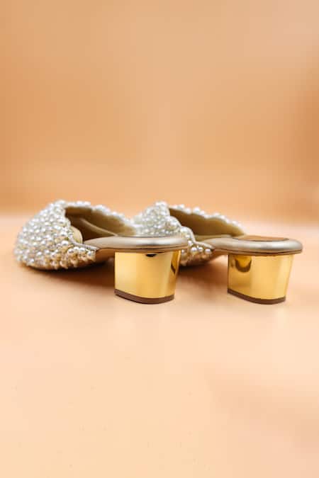Buy_Foot Fuel_Gold Pearls Grace Cluster Embellished Mules _Online_at_Aza_Fashions