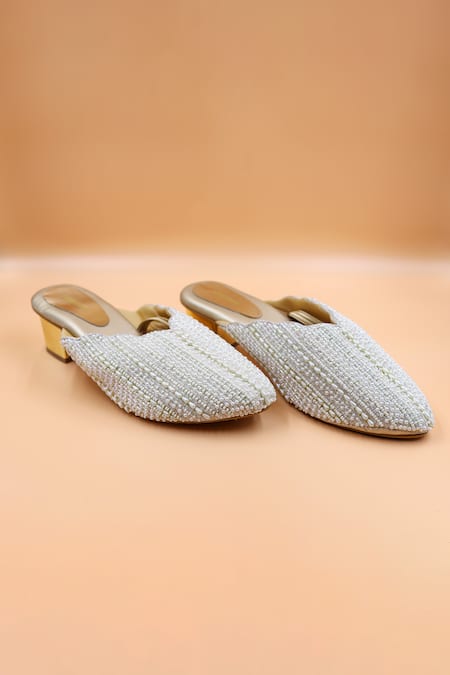 Foot Fuel Chloe Pearl Stripe Embellished Mules 