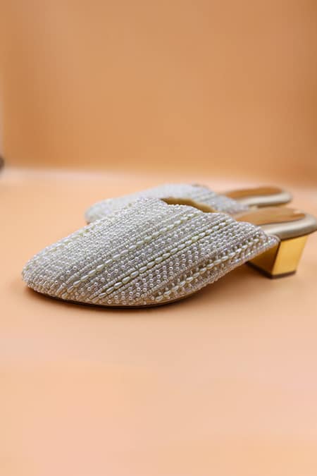 Foot Fuel Chloe Pearl Stripe Embellished Mules 