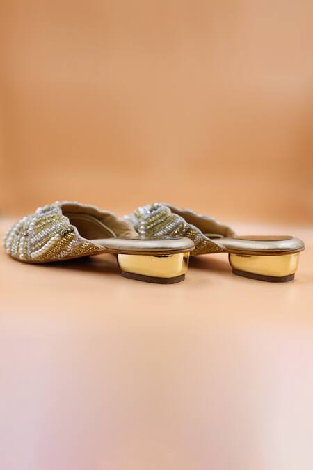 Foot Fuel_Gold Beads Penelope Interlaced Embellished Mules _Online_at_Aza_Fashions