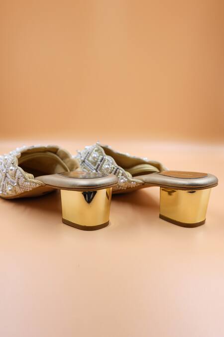 Foot Fuel Gold Embroidery, Pearls Riley Zardozi Mules Online at Aza Fashions Foot Fuel_Gold Embroidery, Pearls Riley Zardozi Mules _Online_at_Aza_Fashions