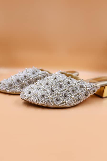 Foot Fuel Nora Checkered Pearl Embellished Mules 