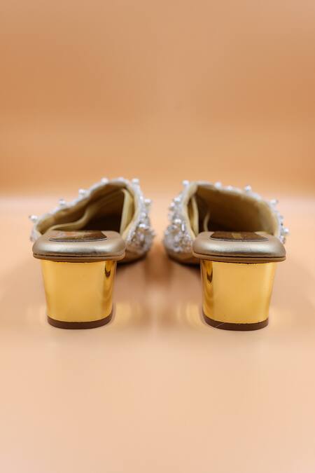 Foot Fuel_Gold Embroidery Nora Checkered Pearl Embellished Mules _Online_at_Aza_Fashions