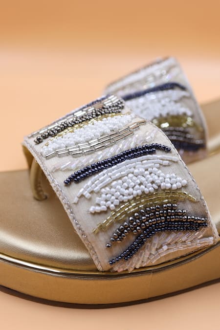 Foot Fuel_Gold Beads, Cut Work Nevach Embellished Wedges _Online_at_Aza_Fashions