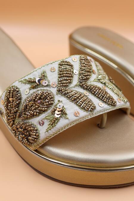 Foot Fuel_Gold Sequins, Beads, Zari Caroline Leaf Embellished Wedges _Online_at_Aza_Fashions