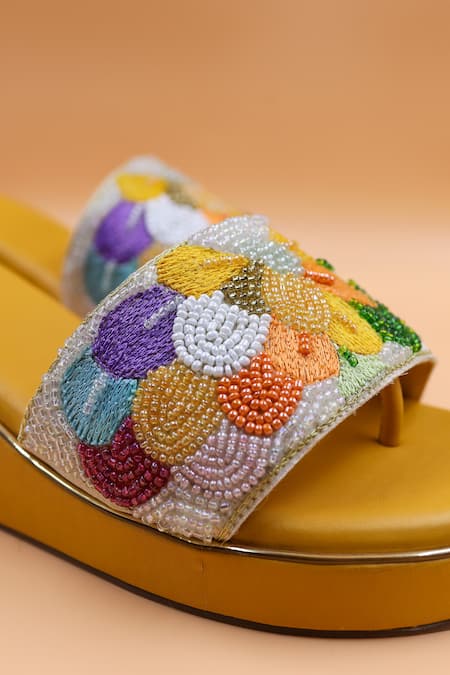 Foot Fuel_Yellow Beads, Embroidery Rebeka Floral Wedges _Online_at_Aza_Fashions