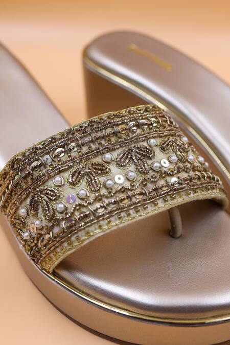 Foot Fuel Gold Zari, Beads, Sequins Jana Zardozi Embroidered Wedges Online at Aza Fashions Foot Fuel_Gold Zari, Beads, Sequins Jana Zardozi Embroidered Wedges _Online_at_Aza_Fashions