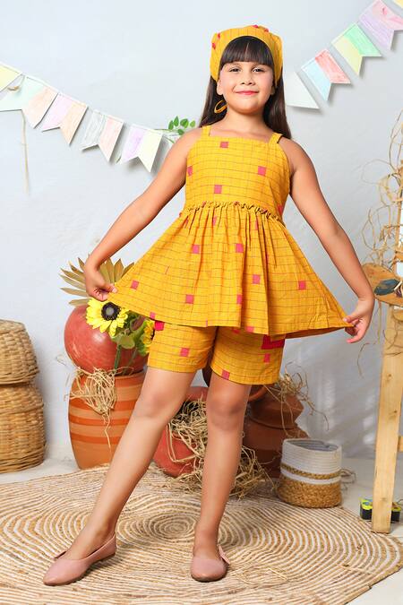 JILMIL DREAMWEAR_Yellow Cotton Checkered Print Top And Shorts Set _Online_at_Aza_Fashions