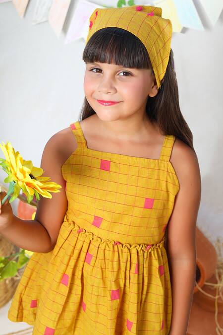 Shop_JILMIL DREAMWEAR_Yellow Cotton Checkered Print Top And Shorts Set _Online_at_Aza_Fashions