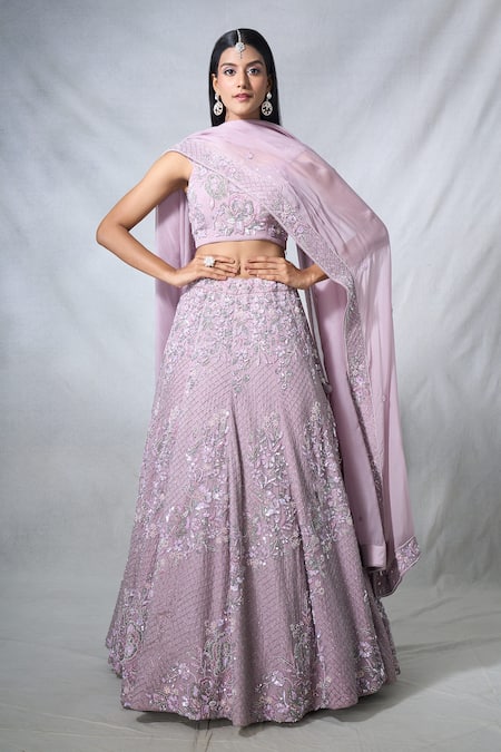 PANIHARI Purple Organza Embroidered Sequin Square Neck Floral Lehenga And Blouse Set