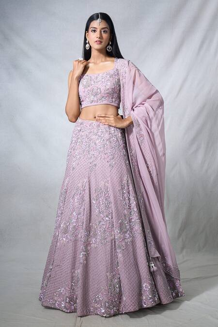 Shop Panihari Purple Organza Pearls, Sequins, Beads Floral Embroidered Lehenga And Blouse Set Online at Aza Fashions Shop_Panihari_Purple Organza Pearls, Sequins, Beads Floral Embroidered Lehenga And Blouse Set _Online_at_Aza_Fashions