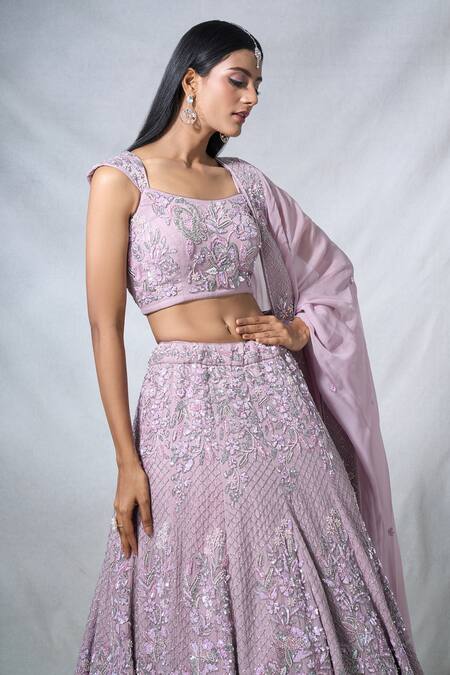Panihari Purple Organza Pearls, Sequins, Beads Floral Embroidered Lehenga And Blouse Set at Aza Fashions Panihari_Purple Organza Pearls, Sequins, Beads Floral Embroidered Lehenga And Blouse Set _at_Aza_Fashions