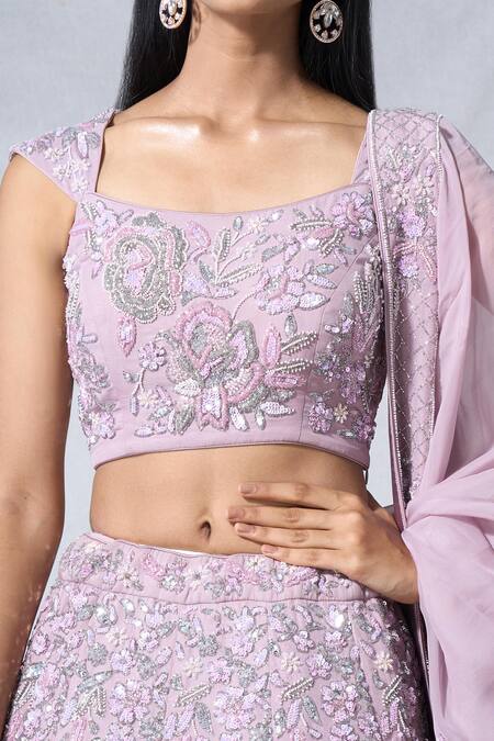 Buy Panihari Purple Organza Pearls, Sequins, Beads Floral Embroidered Lehenga And Blouse Set Buy_Panihari_Purple Organza Pearls, Sequins, Beads Floral Embroidered Lehenga And Blouse Set