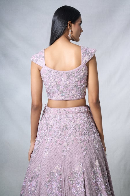 Shop Panihari Purple Organza Pearls, Sequins, Beads Floral Embroidered Lehenga And Blouse Set Shop_Panihari_Purple Organza Pearls, Sequins, Beads Floral Embroidered Lehenga And Blouse Set
