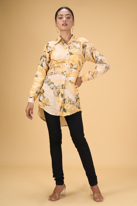 Naintara Bajaj Yellow Muslin Print Meadow Collar Neck Shirt