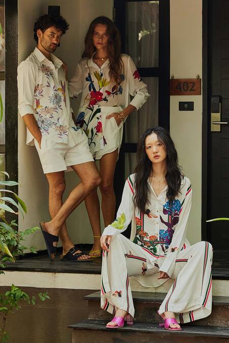 Buy_Nautanky_White Crepe Embroidery Collared Iceland Duet Printed Shirt And Pant Co-ord Set _Online_at_Aza_Fashions