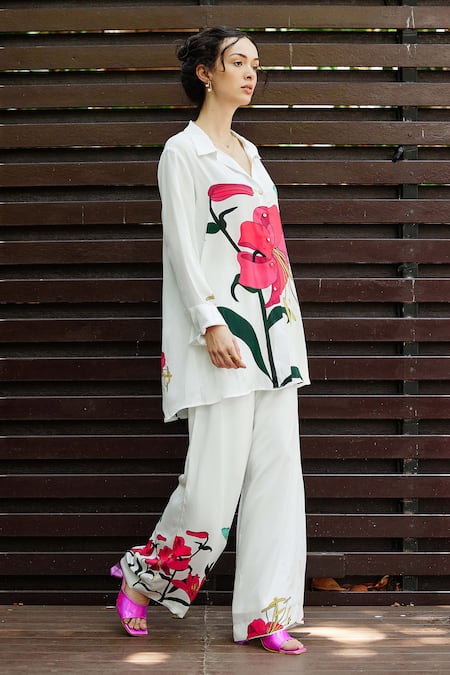 Shop Nautanky White Crepe Embroidery Collared Repose Floral Print Shirt With Pant Online at Aza Fashions Shop_Nautanky_White Crepe Embroidery Collared Repose Floral Print Shirt With Pant _Online_at_Aza_Fashions