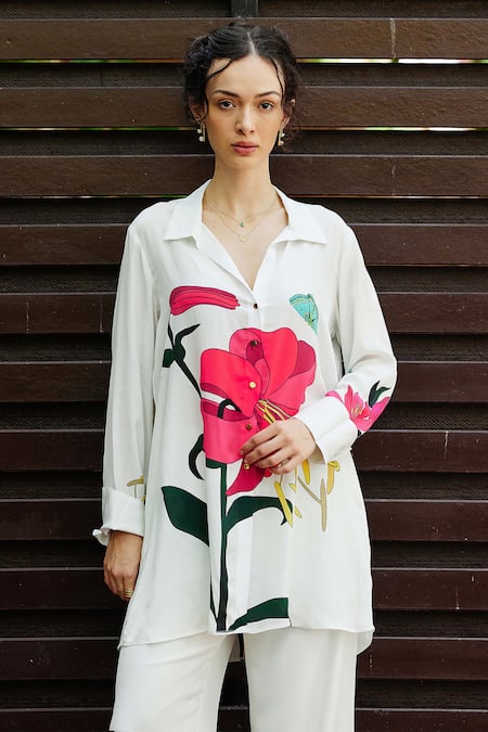 Nautanky White Crepe Embroidery Collared Repose Floral Print Shirt With Pant at Aza Fashions Nautanky_White Crepe Embroidery Collared Repose Floral Print Shirt With Pant _at_Aza_Fashions
