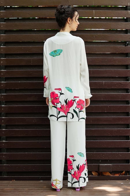 Shop Nautanky White Crepe Embroidery Collared Repose Floral Print Shirt With Pant at Aza Fashions Shop_Nautanky_White Crepe Embroidery Collared Repose Floral Print Shirt With Pant _at_Aza_Fashions