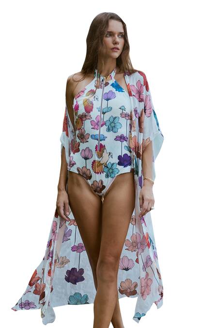 Nautanky_Multi Color Polyester High Neck Floral Printed Monokini With Cape _Online_at_Aza_Fashions