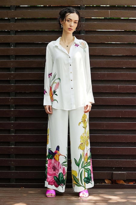 Nautanky_White Crepe Embroidery Collared Blossom Placement Print Shirt With Pant _Online_at_Aza_Fashions