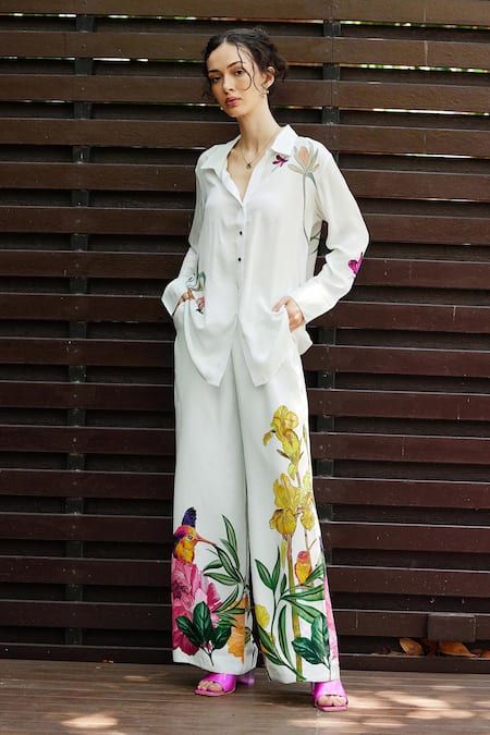 Buy_Nautanky_White Crepe Embroidery Collared Blossom Placement Print Shirt With Pant _Online_at_Aza_Fashions
