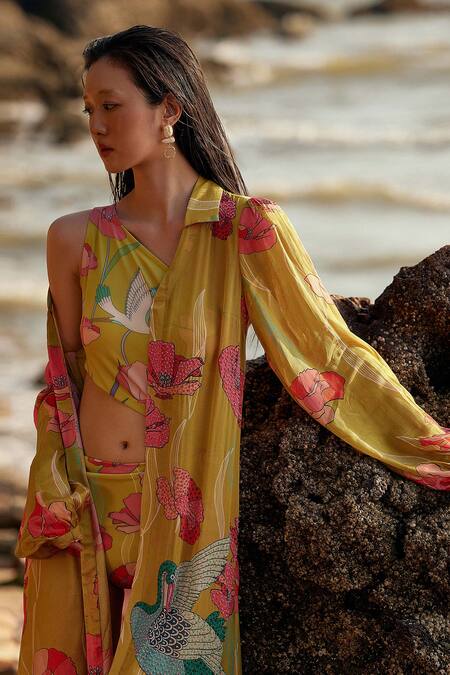 Nautanky_Multi Color Neoprene, Chiffon Asymmetric Botanic Print Monokini With Cape _Online_at_Aza_Fashions