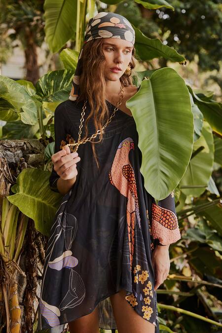 Nautanky_Grey Asymmetric Ebnoy Printed Kaftan With Bikini Set _Online_at_Aza_Fashions