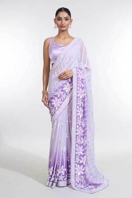 MeenaGurnam Sequin Bloom Embellished Ombre Saree With Blouse 