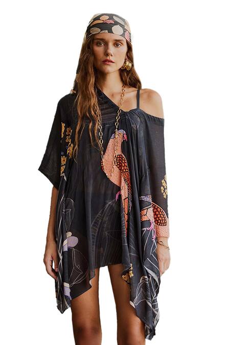 Buy_Nautanky_Grey Asymmetric Ebnoy Printed Kaftan With Bikini Set _Online_at_Aza_Fashions