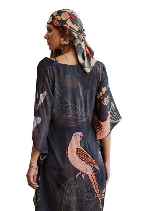 Nautanky_Grey Asymmetric Ebnoy Printed Kaftan With Bikini Set _at_Aza_Fashions