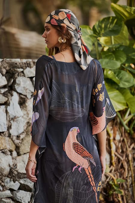 Shop_Nautanky_Grey Asymmetric Ebnoy Printed Kaftan With Bikini Set _at_Aza_Fashions