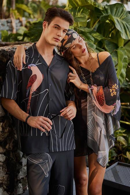 Buy_Nautanky_Grey Asymmetric Ebnoy Printed Kaftan With Bikini Set 