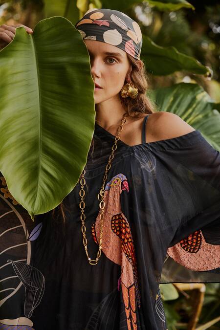 Shop_Nautanky_Grey Asymmetric Ebnoy Printed Kaftan With Bikini Set 