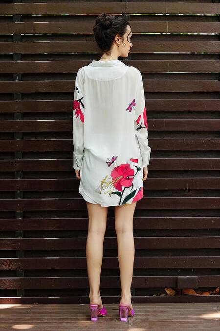 Nautanky_White Crepe Embroidery Collared Meadow Print Shirt And Shorts Co-ord Sets _Online_at_Aza_Fashions