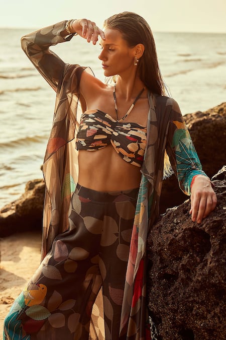 Nautanky Multi Color Crepe Halter Neck Exotica Print Pant Set With Cape Online at Aza Fashions Nautanky_Multi Color Crepe Halter Neck Exotica Print Pant Set With Cape _Online_at_Aza_Fashions