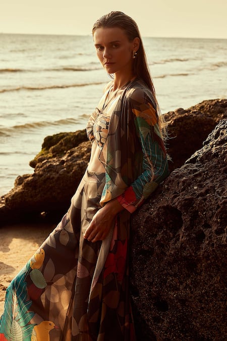 Buy Nautanky Multi Color Crepe Halter Neck Exotica Print Pant Set With Cape Online at Aza Fashions Buy_Nautanky_Multi Color Crepe Halter Neck Exotica Print Pant Set With Cape _Online_at_Aza_Fashions