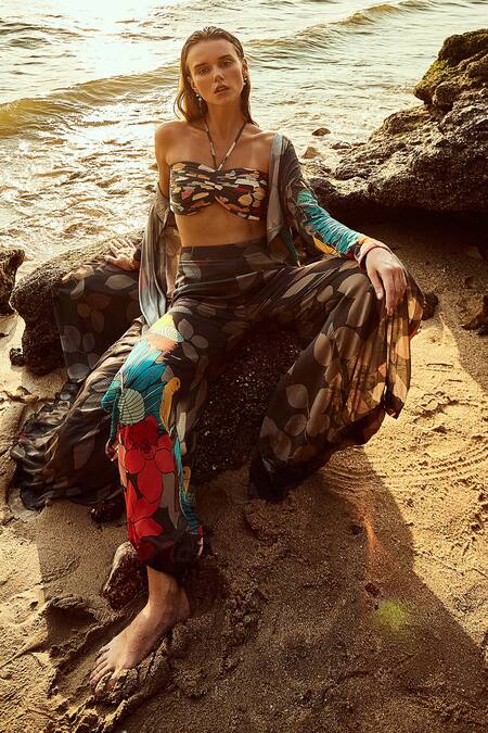 Nautanky Multi Color Crepe Halter Neck Exotica Print Pant Set With Cape at Aza Fashions Nautanky_Multi Color Crepe Halter Neck Exotica Print Pant Set With Cape _at_Aza_Fashions