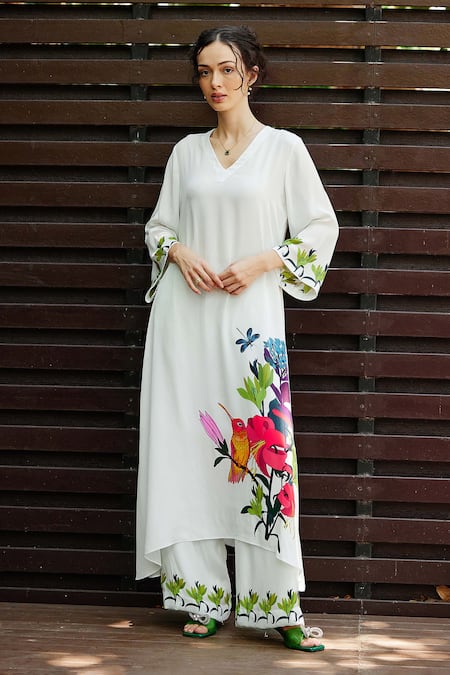 Nautanky White Natural Crepe Printed Botanic V Neck Grace Kurta Pant Set 