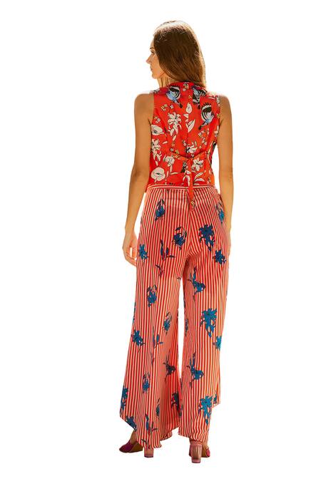 Buy Nautanky Red Crepe Embroidery V-neck Paradise Printed Waistcoat With Pant Online at Aza Fashions Buy_Nautanky_Red Crepe Embroidery V-neck Paradise Printed Waistcoat With Pant _Online_at_Aza_Fashions