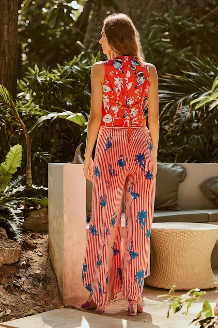 Shop Nautanky Red Crepe Embroidery V-neck Paradise Printed Waistcoat With Pant at Aza Fashions Shop_Nautanky_Red Crepe Embroidery V-neck Paradise Printed Waistcoat With Pant _at_Aza_Fashions