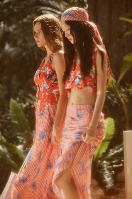 Shop Nautanky Red Crepe Embroidery V-neck Paradise Printed Waistcoat With Pant Online at Aza Fashions Shop_Nautanky_Red Crepe Embroidery V-neck Paradise Printed Waistcoat With Pant _Online_at_Aza_Fashions