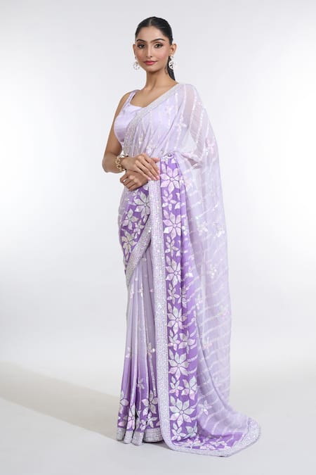 Meenagurnam_Grey Georgette, Satin Sequins Round Bloom Embellished Ombre Saree With Blouse _Online_at_Aza_Fashions