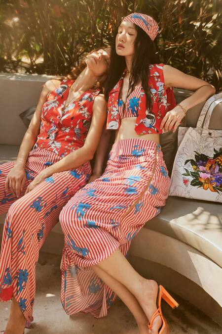 Shop Nautanky Red Crepe Embroidery V-neck Paradise Printed Cropped Blazer With Skirt Set Shop_Nautanky_Red Crepe Embroidery V-neck Paradise Printed Cropped Blazer With Skirt Set