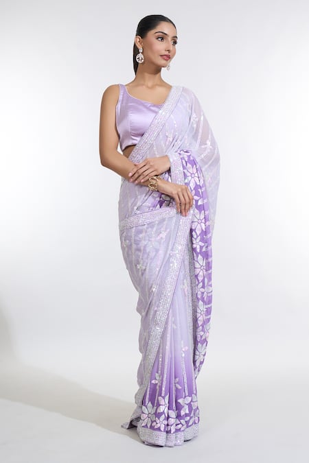 Buy_Meenagurnam_Grey Georgette, Satin Sequins Round Bloom Embellished Ombre Saree With Blouse _Online_at_Aza_Fashions