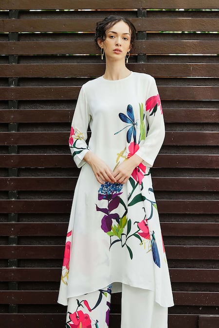 Shop_Nautanky_White Crepe High Neck Plum Printed Kurta With Straight Pant _Online_at_Aza_Fashions