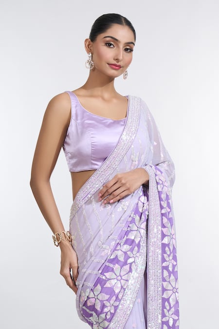 Shop_Meenagurnam_Grey Georgette, Satin Sequins Round Bloom Embellished Ombre Saree With Blouse _Online_at_Aza_Fashions