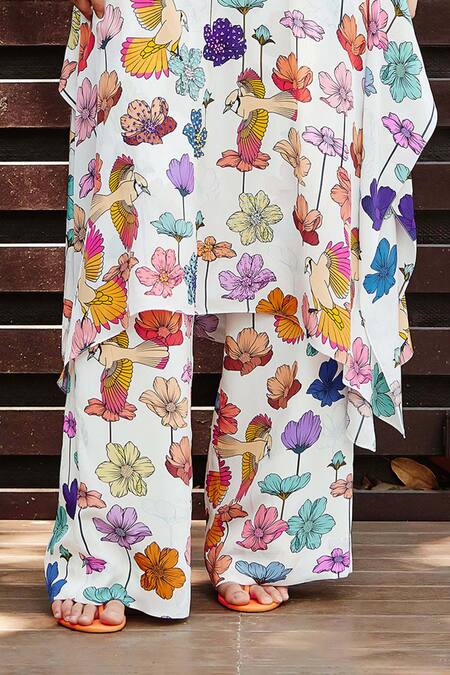 Nautanky White Crepe Embroidery, Beads V-neck Floral Print Asymmetric Kurta With Pant Online at Aza Fashions Nautanky_White Crepe Embroidery, Beads V-neck Floral Print Asymmetric Kurta With Pant _Online_at_Aza_Fashions