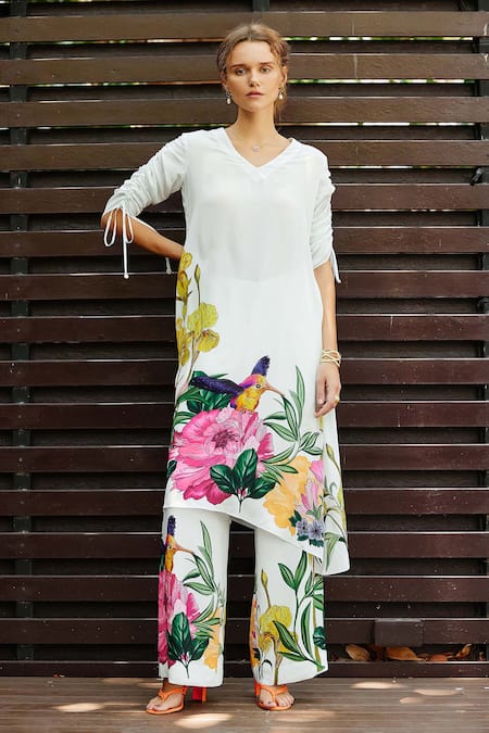 Nautanky White Natural Crepe Printed Botanic V Neck Flourish Asymmetric Kurta And Pant Set 