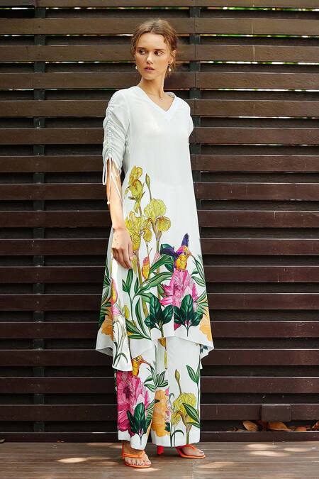 Shop_Nautanky_White Crepe V-neck Flourish Printed Asymmetric Kurta And Pant Set _Online_at_Aza_Fashions